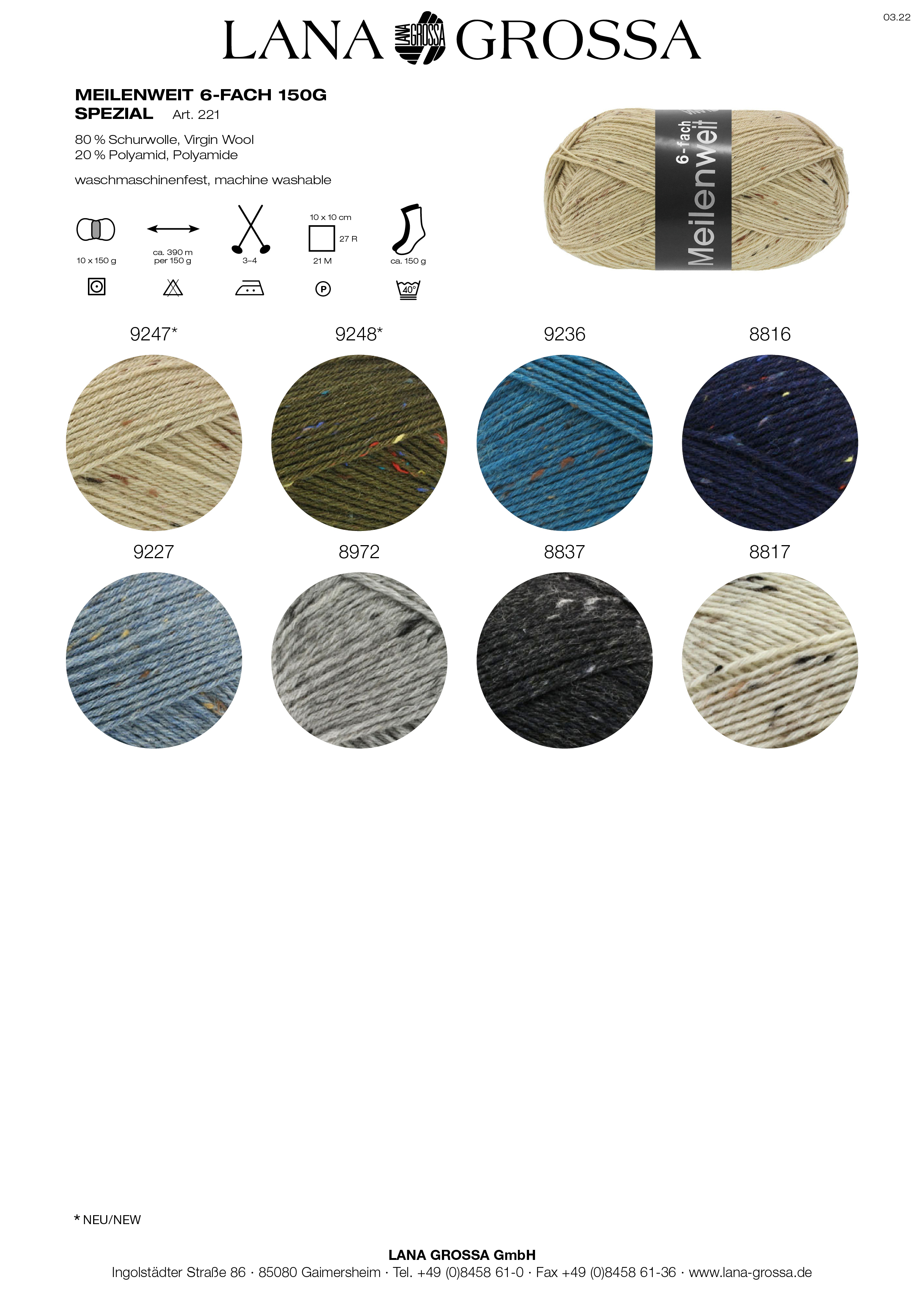 LANA GROSSA Meilenweit  Uni / Tweed  150g 6-fach Farbe  9246  helles graublau